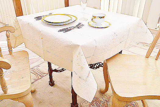 Edinburgh Square Hemstitch tablecloth.45" SQ. Pearled Ivory